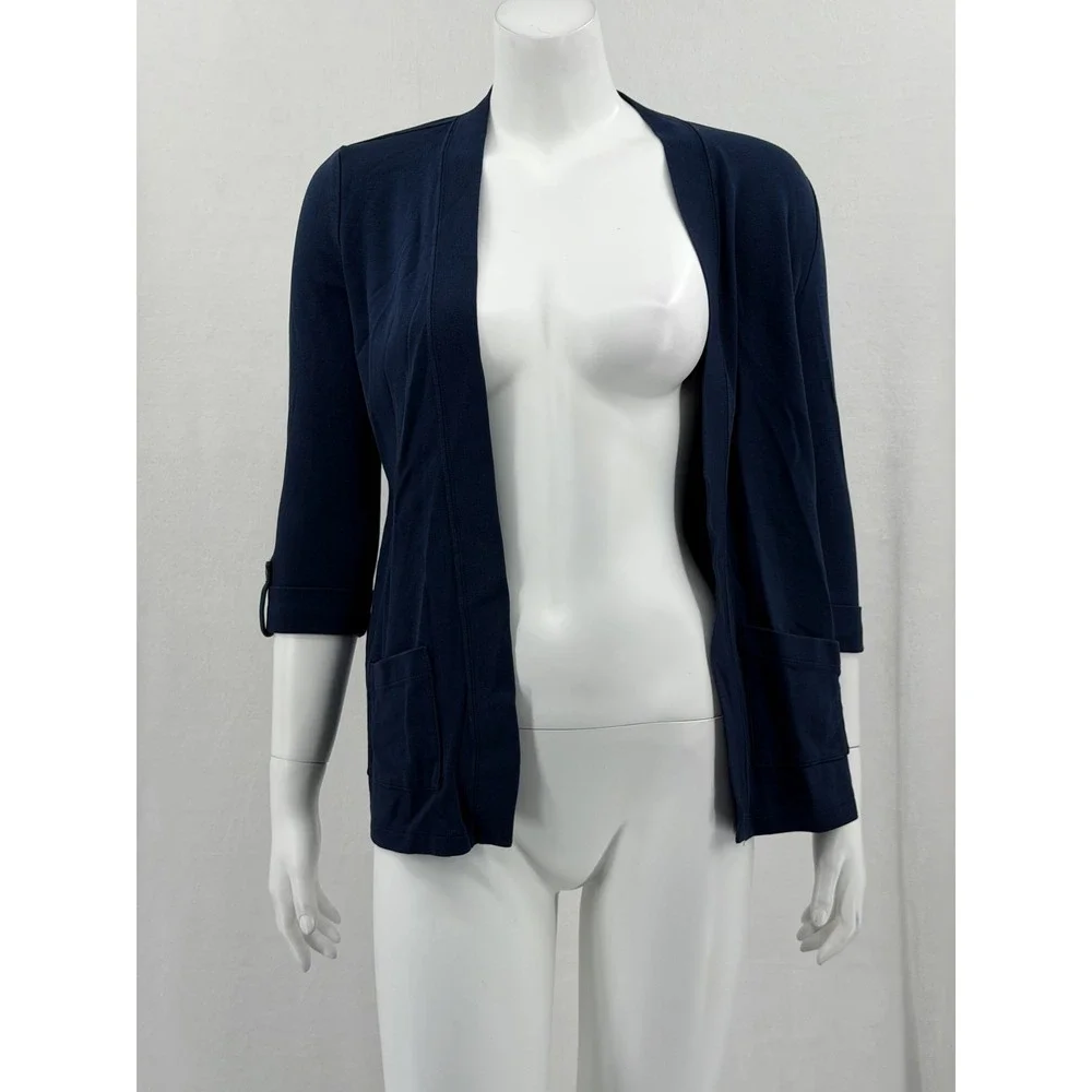Karen Scott Sweater Womens Small Petite Navy Open Front Cardigan Pockets Office